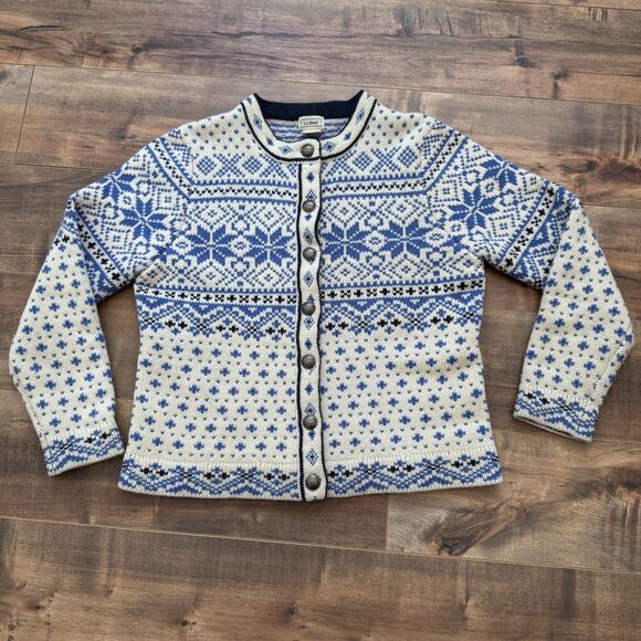 L.L. Bean Cardigan Sweater Blue Cream Nordic Fair Isle Wool Ski Womens Small Reg - Picture 1 of 8